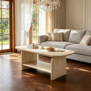 English Elm 38.19×22.83 Oval Wood Veneer Coffee Table with Open Shelf for Modern Living Rooms W3732P456542