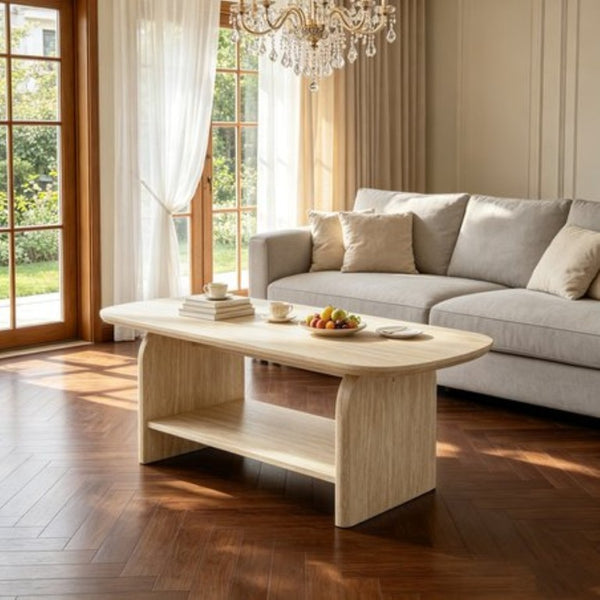 English Elm 38.19×22.83 Oval Wood Veneer Coffee Table with Open Shelf for Modern Living Rooms W3732P456542