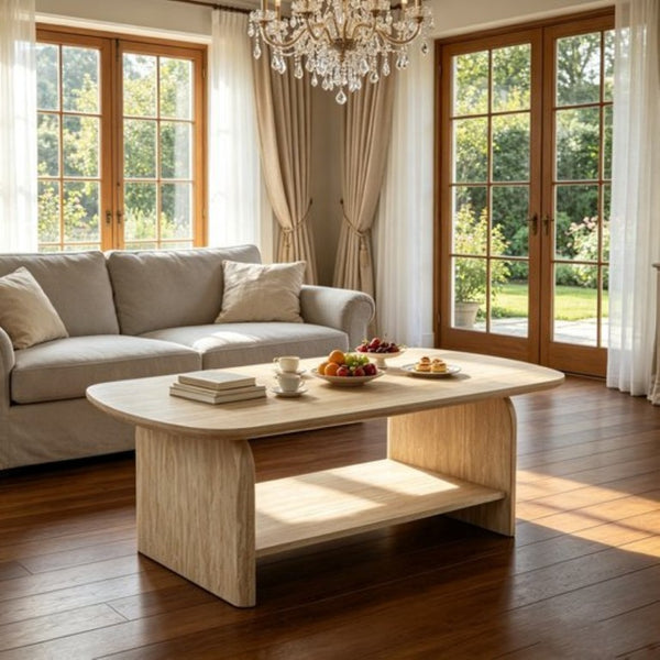 English Elm 38.19×22.83 Oval Wood Veneer Coffee Table with Open Shelf for Modern Living Rooms W3732P456542