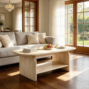 English Elm 38.19×22.83 Oval Wood Veneer Coffee Table with Open Shelf for Modern Living Rooms W3732P456542