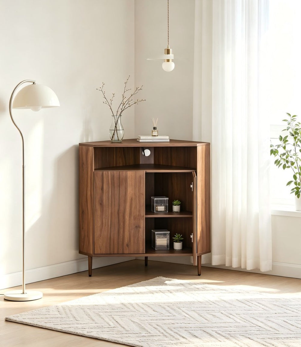 English Elm Modern Wood Grain Corner Cabinet with Built-in Power Strip and Open Shelving Storage W3732P508914
