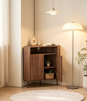 English Elm Modern Wood Grain Corner Cabinet with Built-in Power Strip and Open Shelving Storage W3732P508914