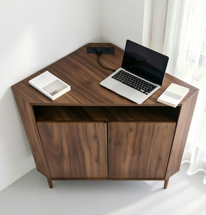 English Elm Modern Wood Grain Corner Cabinet with Built-in Power Strip and Open Shelving Storage W3732P508914