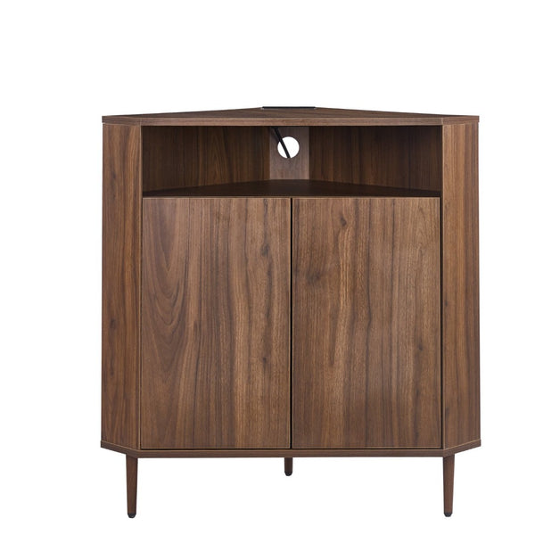 English Elm Modern Wood Grain Corner Cabinet with Built-in Power Strip and Open Shelving Storage W3732P508914