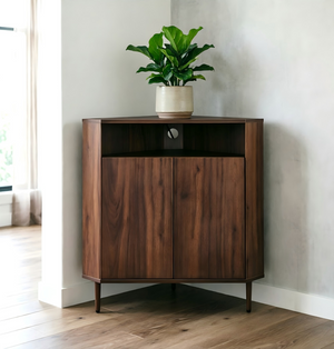 English Elm Modern Wood Grain Corner Cabinet with Built-in Power Strip and Open Shelving Storage W3732P508914