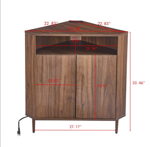 English Elm Modern Wood Grain Corner Cabinet with Built-in Power Strip and Open Shelving Storage W3732P508914