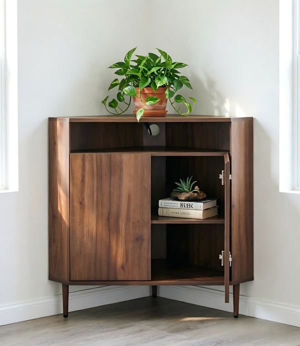 English Elm Modern Wood Grain Corner Cabinet with Built-in Power Strip and Open Shelving Storage W3732P508914
