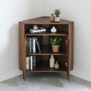 English Elm Modern Wood Grain Corner Cabinet with Built-in Power Strip and Open Shelving Storage W3732P508914