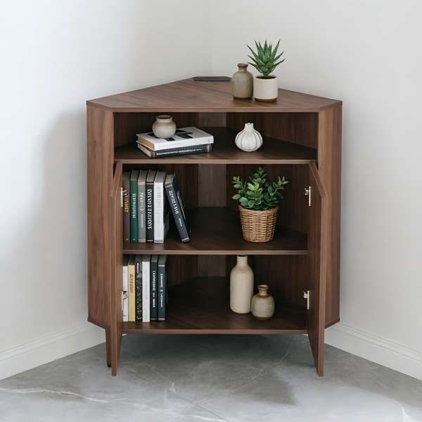 English Elm Modern Wood Grain Corner Cabinet with Built-in Power Strip and Open Shelving Storage W3732P508914