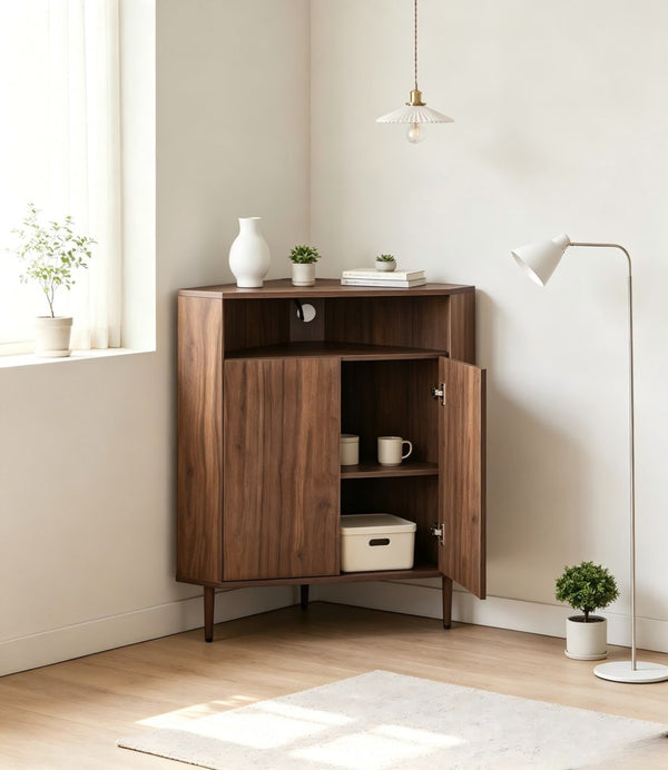 English Elm Modern Wood Grain Corner Cabinet with Built-in Power Strip and Open Shelving Storage W3732P508914