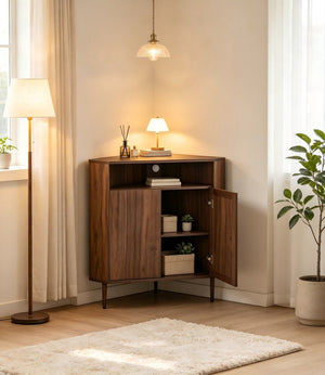 English Elm Modern Wood Grain Corner Cabinet with Built-in Power Strip and Open Shelving Storage W3732P508914