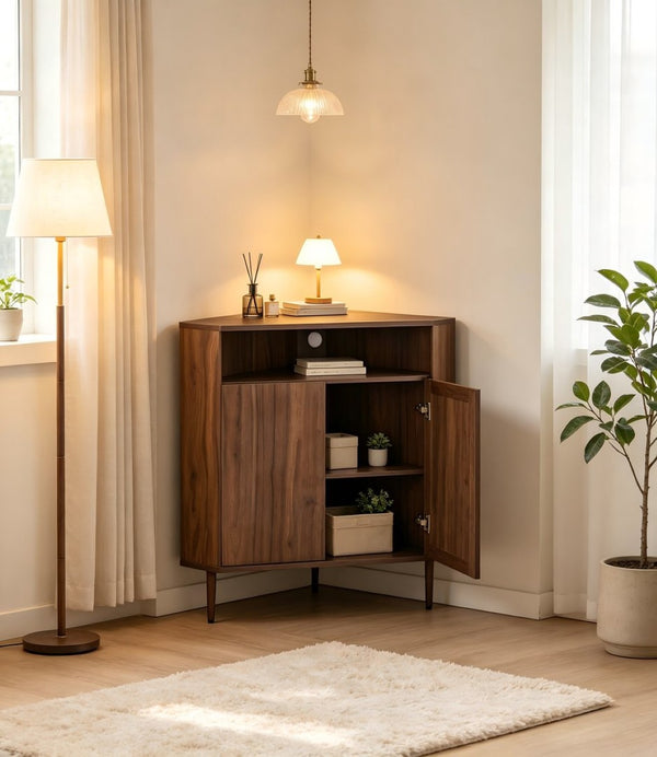 English Elm Modern Wood Grain Corner Cabinet with Built-in Power Strip and Open Shelving Storage W3732P508914
