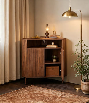 English Elm Modern Wood Grain Corner Cabinet with Built-in Power Strip and Open Shelving Storage W3732P508914