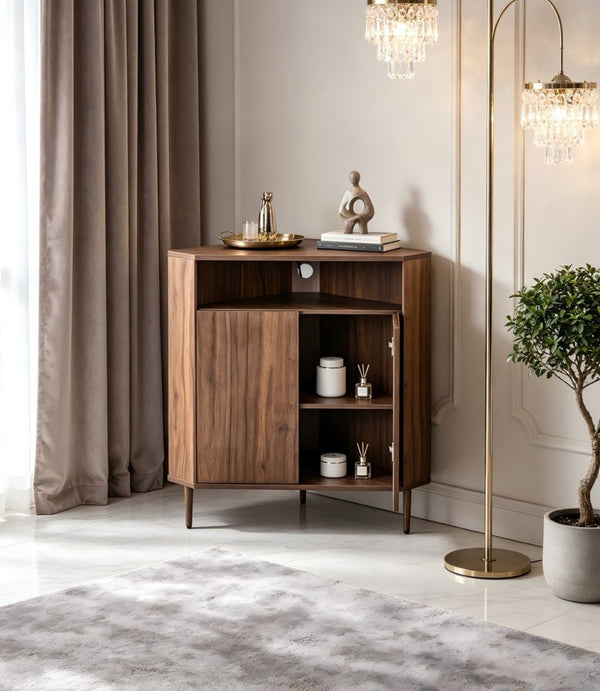 English Elm Modern Wood Grain Corner Cabinet with Built-in Power Strip and Open Shelving Storage W3732P508914