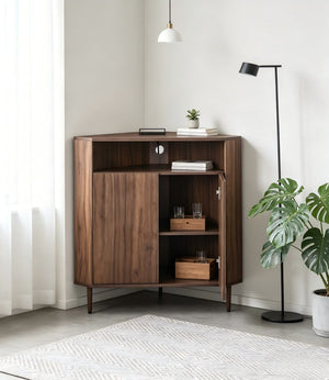 English Elm Modern Wood Grain Corner Cabinet with Built-in Power Strip and Open Shelving Storage W3732P508914