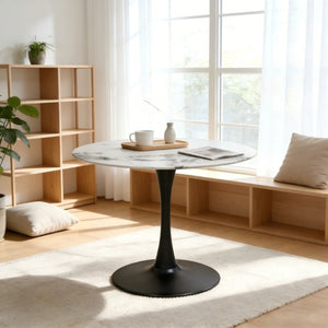 English Elm 34.65 Inch Round Marble Look Tulip Pedestal Dining Table Seats Four in Modern Glam Style W3732P508921