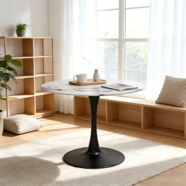 English Elm 34.65 Inch Round Marble Look Tulip Pedestal Dining Table Seats Four in Modern Glam Style W3732P508921