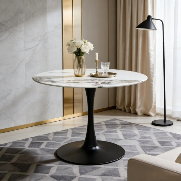 English Elm 34.65 Inch Round Marble Look Tulip Pedestal Dining Table Seats Four in Modern Glam Style W3732P508921