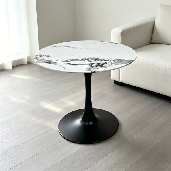 English Elm 34.65 Inch Round Marble Look Tulip Pedestal Dining Table Seats Four in Modern Glam Style W3732P508921