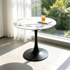 English Elm 34.65 Inch Round Marble Look Tulip Pedestal Dining Table Seats Four in Modern Glam Style W3732P508921