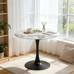 English Elm 34.65 Inch Round Marble Look Tulip Pedestal Dining Table Seats Four in Modern Glam Style W3732P508921