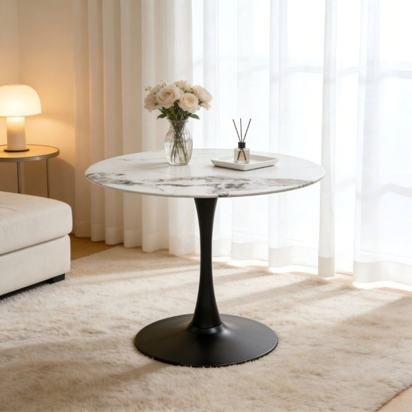 English Elm 34.65 Inch Round Marble Look Tulip Pedestal Dining Table Seats Four in Modern Glam Style W3732P508921