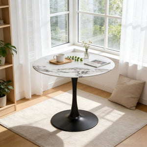 English Elm 34.65 Inch Round Marble Look Tulip Pedestal Dining Table Seats Four in Modern Glam Style W3732P508921