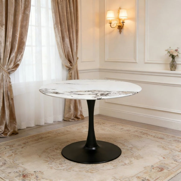 English Elm 34.65 Inch Round Marble Look Tulip Pedestal Dining Table Seats Four in Modern Glam Style W3732P508921