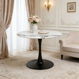 English Elm 34.65 Inch Round Marble Look Tulip Pedestal Dining Table Seats Four in Modern Glam Style W3732P508921