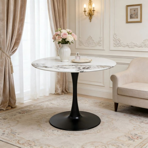 English Elm 34.65 Inch Round Marble Look Tulip Pedestal Dining Table Seats Four in Modern Glam Style W3732P508921