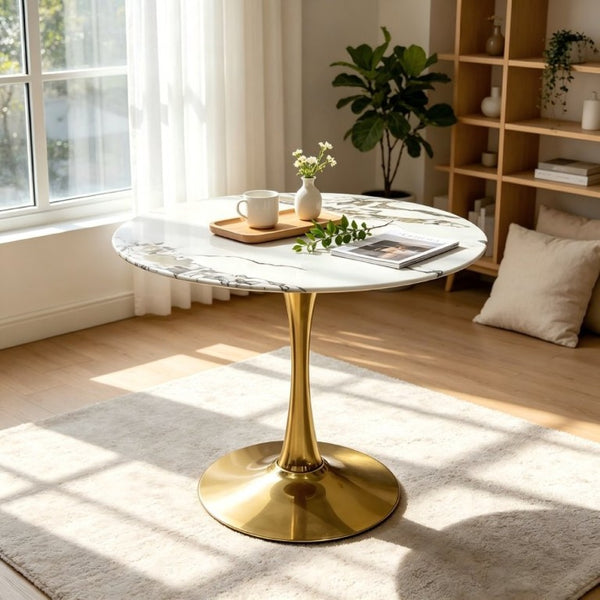 English Elm 34.65 Inch Round Marble Vein Dining Table with Gold Tulip Pedestal Base Seats Six W3732P508922