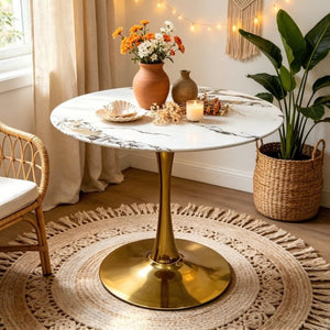 English Elm 34.65 Inch Round Marble Vein Dining Table with Gold Tulip Pedestal Base Seats Six W3732P508922