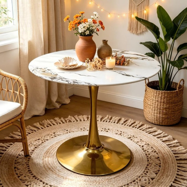 English Elm 34.65 Inch Round Marble Vein Dining Table with Gold Tulip Pedestal Base Seats Six W3732P508922