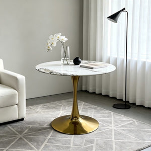 English Elm 34.65 Inch Round Marble Vein Dining Table with Gold Tulip Pedestal Base Seats Six W3732P508922