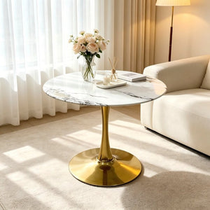 English Elm 34.65 Inch Round Marble Vein Dining Table with Gold Tulip Pedestal Base Seats Six W3732P508922