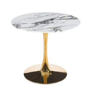 English Elm 34.65 Inch Round Marble Vein Dining Table with Gold Tulip Pedestal Base Seats Six W3732P508922