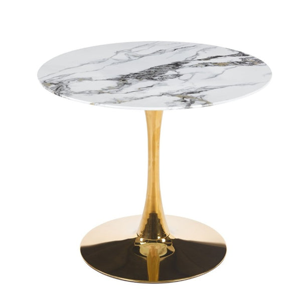 English Elm 34.65 Inch Round Marble Vein Dining Table with Gold Tulip Pedestal Base Seats Six W3732P508922