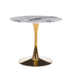 English Elm 34.65 Inch Round Marble Vein Dining Table with Gold Tulip Pedestal Base Seats Six W3732P508922