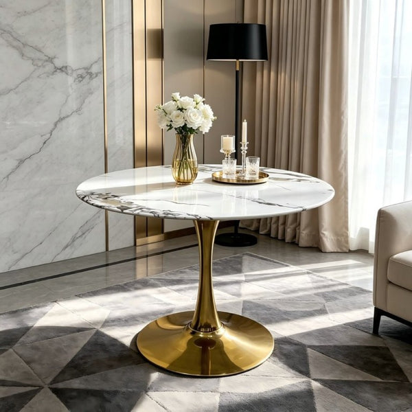 English Elm 34.65 Inch Round Marble Vein Dining Table with Gold Tulip Pedestal Base Seats Six W3732P508922