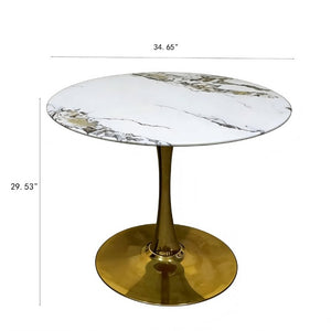 English Elm 34.65 Inch Round Marble Vein Dining Table with Gold Tulip Pedestal Base Seats Six W3732P508922
