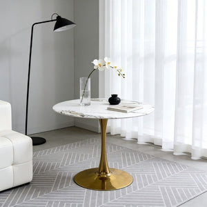 English Elm 34.65 Inch Round Marble Vein Dining Table with Gold Tulip Pedestal Base Seats Six W3732P508922