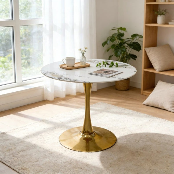 English Elm 34.65 Inch Round Marble Vein Dining Table with Gold Tulip Pedestal Base Seats Six W3732P508922