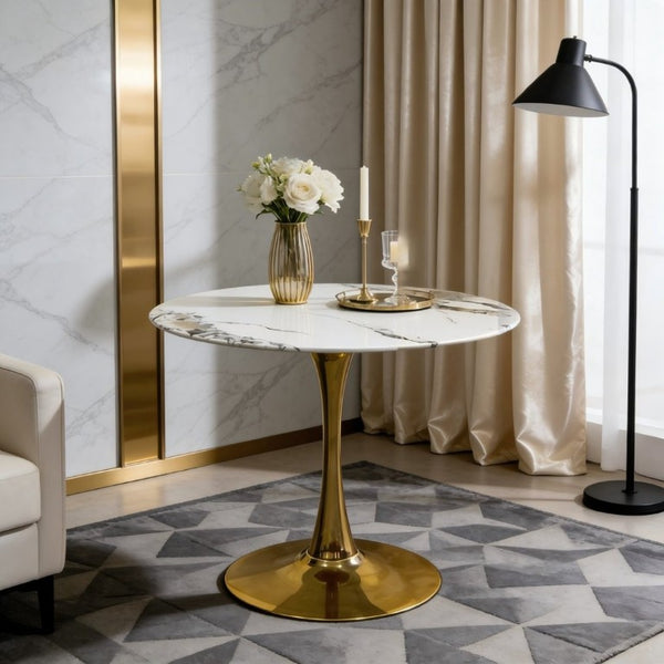 English Elm 34.65 Inch Round Marble Vein Dining Table with Gold Tulip Pedestal Base Seats Six W3732P508922
