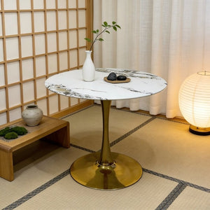 English Elm 34.65 Inch Round Marble Vein Dining Table with Gold Tulip Pedestal Base Seats Six W3732P508922