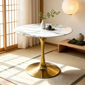 English Elm 34.65 Inch Round Marble Vein Dining Table with Gold Tulip Pedestal Base Seats Six W3732P508922
