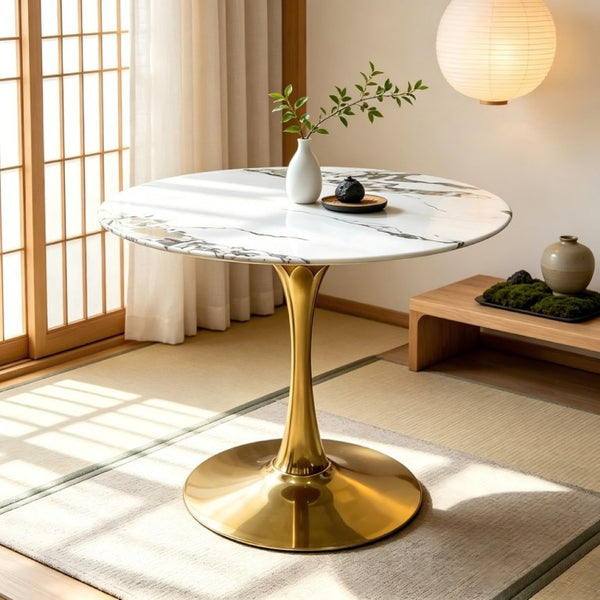 English Elm 34.65 Inch Round Marble Vein Dining Table with Gold Tulip Pedestal Base Seats Six W3732P508922