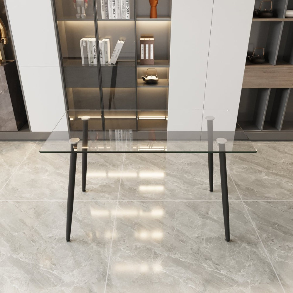 English Elm 51" Rectangular Tempered Glass Dining Table with Black Metal Legs Seats Six Modern W3732P512361
