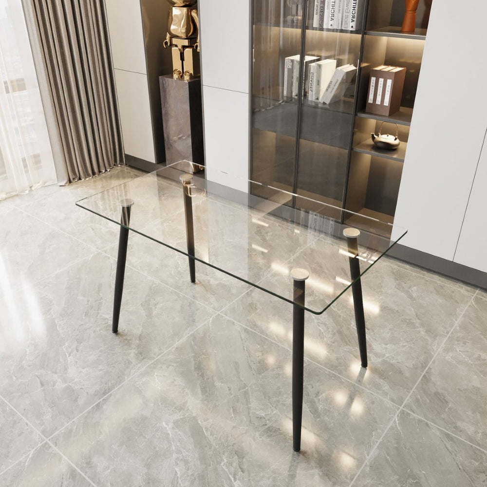 English Elm 51" Rectangular Tempered Glass Dining Table with Black Metal Legs Seats Six Modern W3732P512361