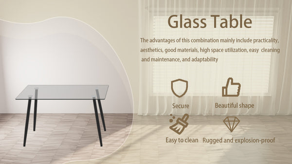 English Elm 51" Rectangular Tempered Glass Dining Table with Black Metal Legs Seats Six Modern W3732P512361