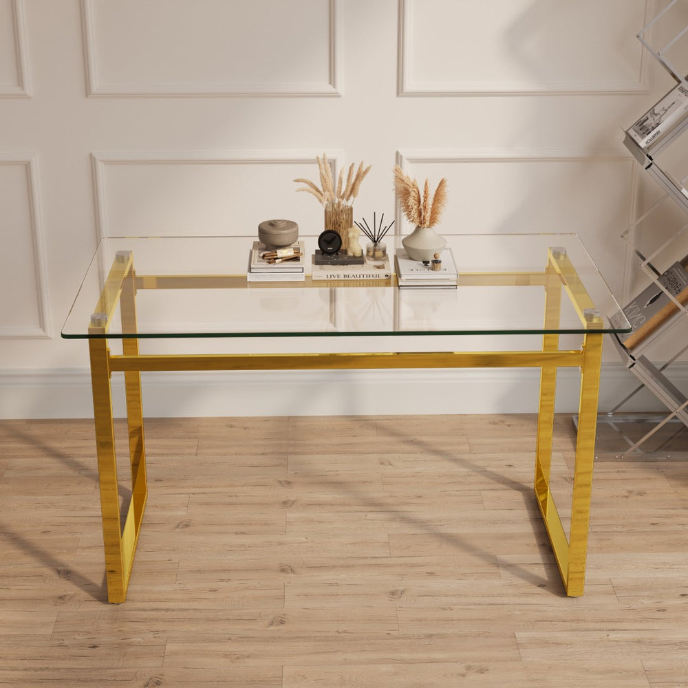 English Elm 51" Tempered Glass Rectangular Dining Table with Golden Chrome Legs Seats Six W3732P530037